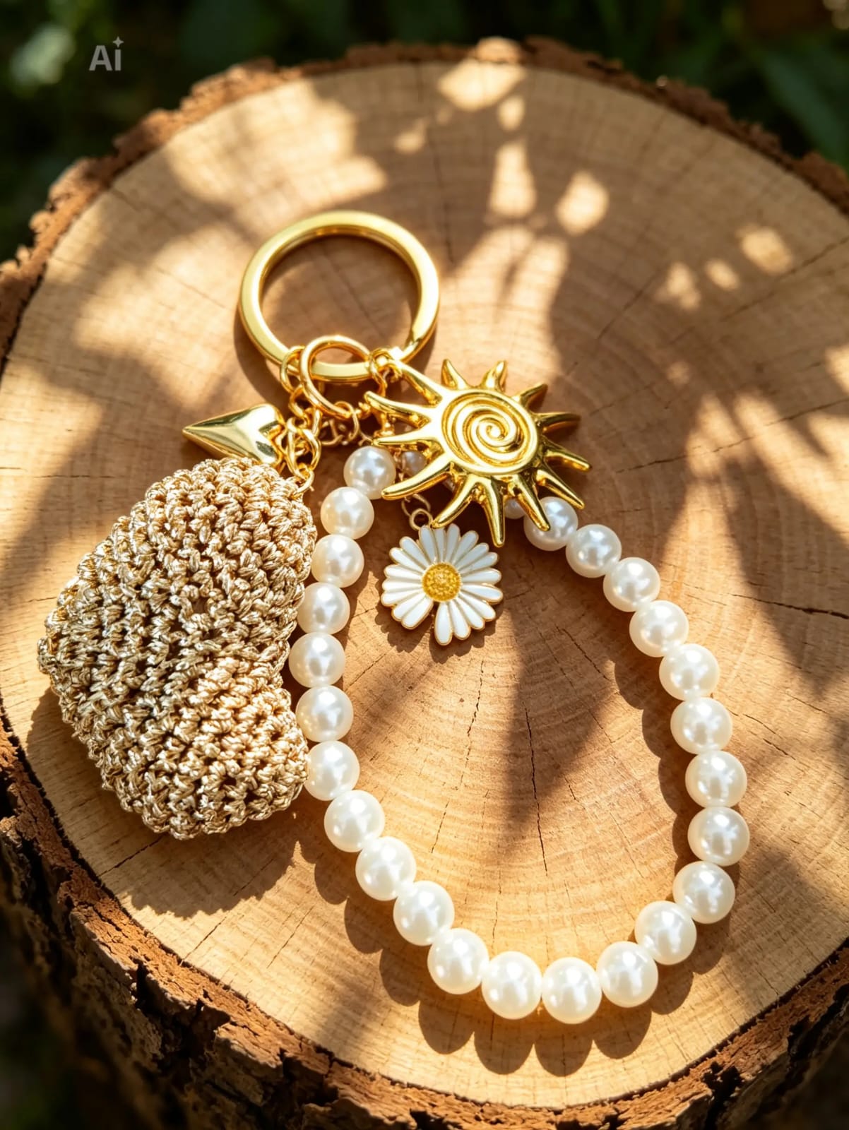 Portachiavi uncinetto con perle e charm dorati su ceppo di legno
