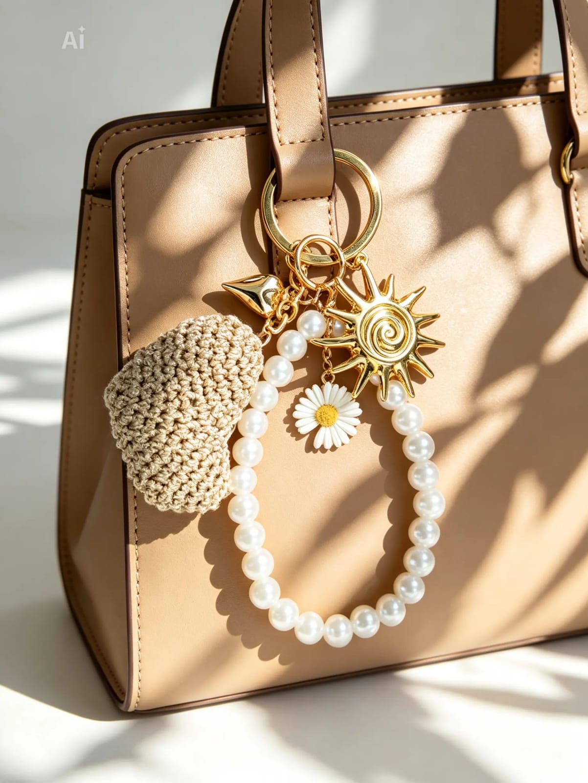 Portachiavi uncinetto con perle applicato a borsa beige