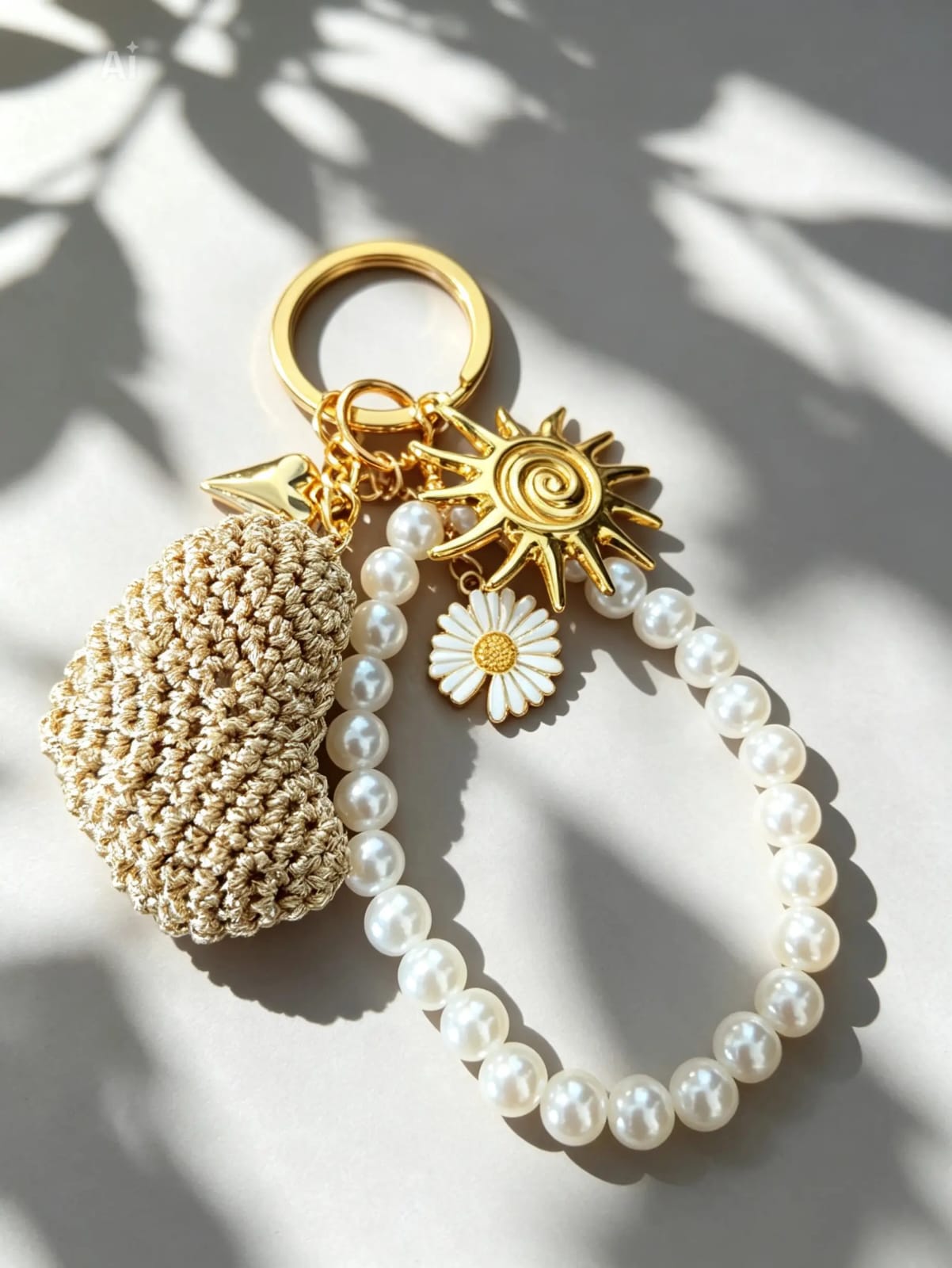 Portachiavi uncinetto con perle e charm sole e margherita